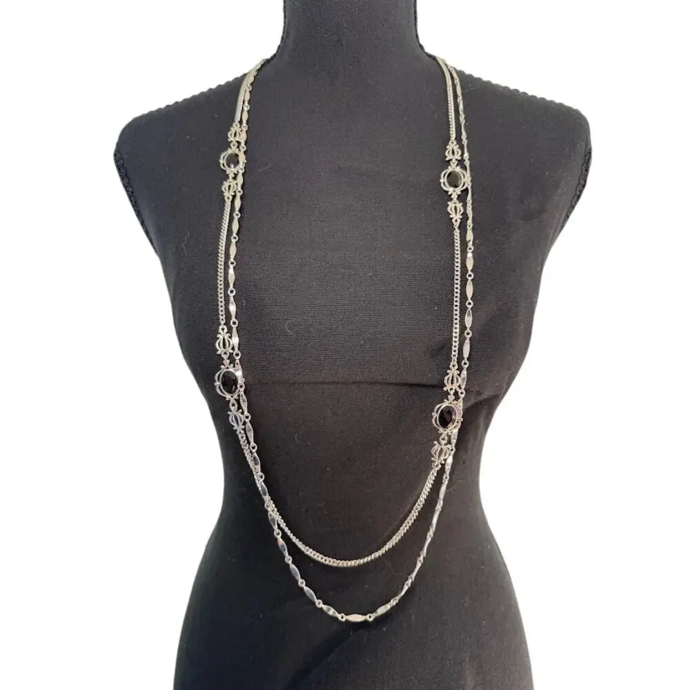 Vintage 1970s Sarah Coventry Silver Layered Necklace Bracelet Set Black Cabochon